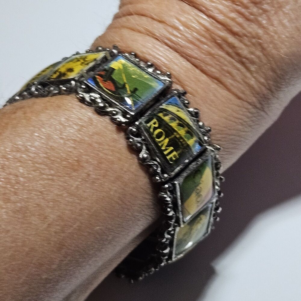 Vintage Silver Tone Photo Bracelet Travel Rome 7"